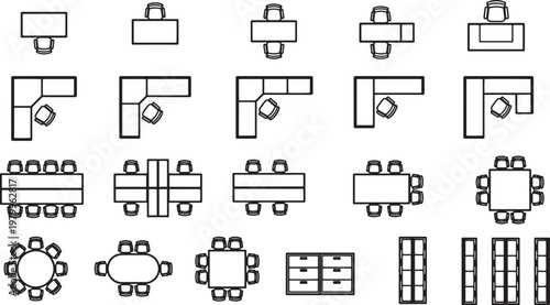Top-down design of various office furniture configurations, showcasing a range of layouts for desks, seating, and storage solutions.