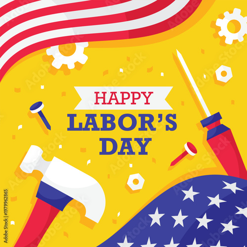 Happy labor day greeting card with tools and american flag elements