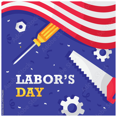 Labor day celebration background with tools and american flag