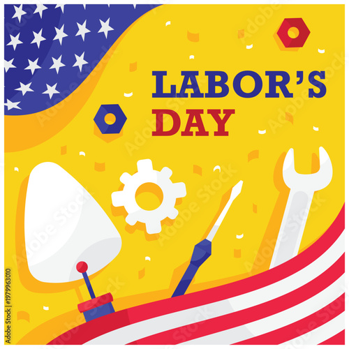Labor day celebration background with tools and american flag elements