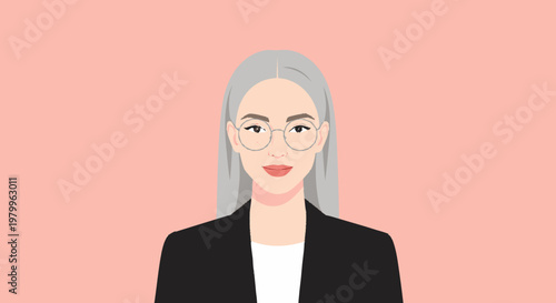 Woman with eyeglasses and grey hair vector portrait against pink background