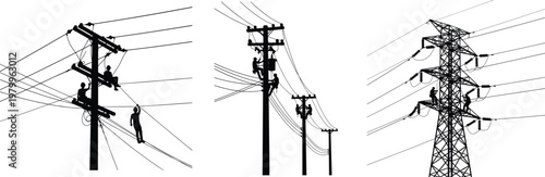 Electric Utility Workers Silhouette Set – Power Line Maintenance, Electricity Transmission and Infrastructure Vector Illustration