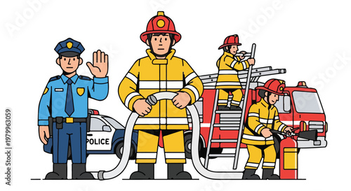Emergency responders including police officer and firefighters with fire truck