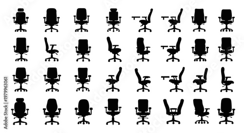 Collection of office chairs in various positions and angles on white background