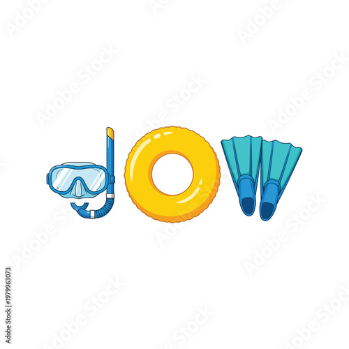 Summer beach fun vector with snorkel mask, swim ring, and flippers cartoon illustration