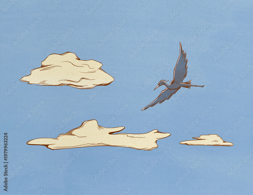 Fototapeta premium heron flies in the sky among the clouds