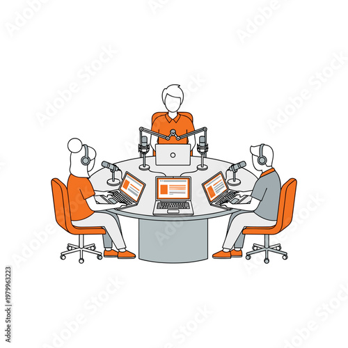Team collaborating in a modern meeting setup with laptops and microphones