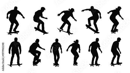A collection of silhouettes depicting people skateboarding in various dynamic poses showcasing action and movement high quality professional detailed modern elegant