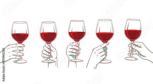 Red wine glass hand gesture collection, set of 5 vector illustrations of hands holding wine glasses, elegant wine tasting and sommelier graphics
