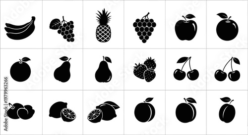 Collection of black fruit icons including apples pears cherries grapes and more on white background for design and decoration