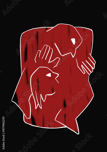 two abstract figures embrace each other