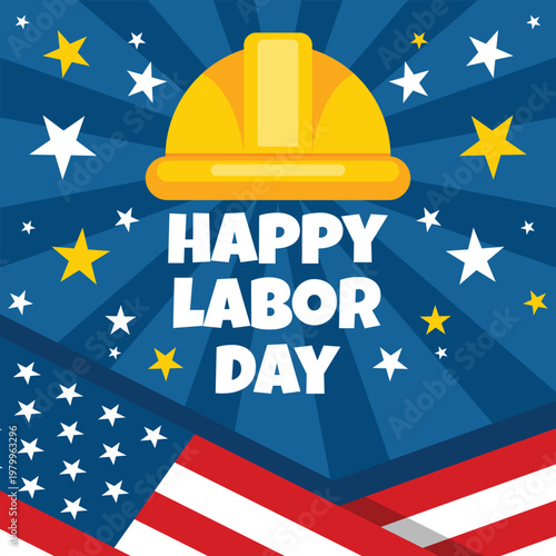 Happy labor day greeting card with yellow hard hat and american flag