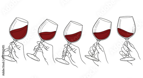 Minimalist line art hands holding red wine glasses, set of 5 vector illustrations of hands swirling wine, elegant sommelier tasting gestures