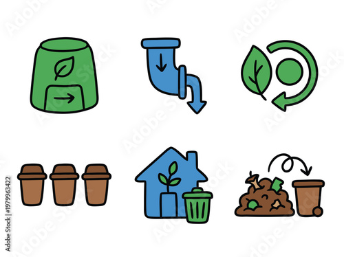 Set of colorful eco-friendly waste management and recycling icons.