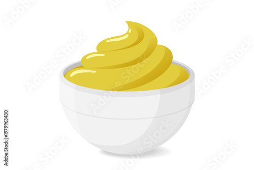 Honey mustard sauce. Realistic yellow dijon cream with honey drizzle and spicy seed swirls. 3d vector mustard dip bowl for barbecue menus, salad dressings and aromatic spice mockups.