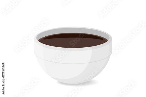 Soy sauce ramekin. Realistic japanese soya dip in white ceramic bowl for sushi and traditional asian cuisine. Vector teriyaki sauce illustration for chinese restaurant menus and food packaging.