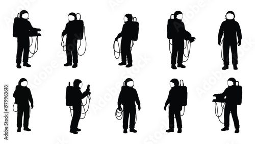A collection of black silhouette figures depicting astronauts in various poses and carrying equipment set against a white background high quality