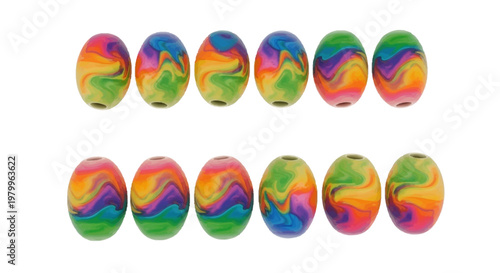 Rainbow tie-dye oval beads collection, set of 12 colorful psychedelic craft beads, vibrant multi-color jewelry components on white background