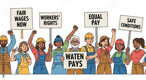 Diverse group of workers protesting for fair wages and equal pay