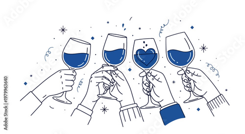 Minimalist line art illustration of hands toasting with wine glasses, celebratory blue drink clinking for party, elegant festive cheers vector