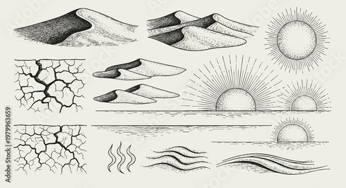Hand-drawn desert elements collection. engraving illustration