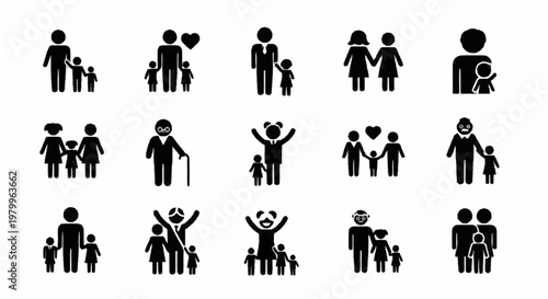 Collection of black family silhouette icons featuring diverse household structures including single parents, same-sex couples, elderly people, and children on a white background.