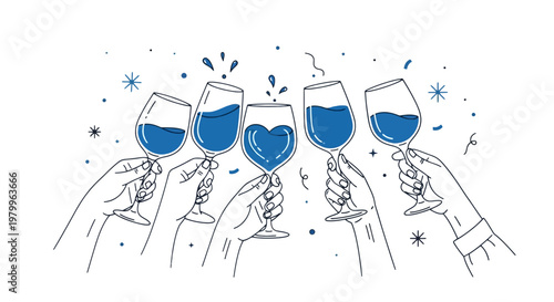 Minimalist line art illustration of hands toasting with wine glasses, blue liquid and heart shape, celebratory party cheers vector