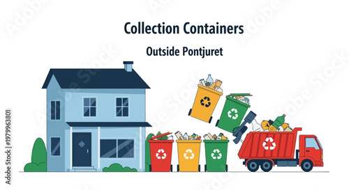 Illustration showing a house with various colored recycling bins and a garbage truck collecting waste, emphasizing waste management and environmental responsibility.