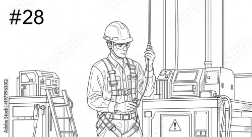 Industrial Worker in Hard Hat and Safety Harness.