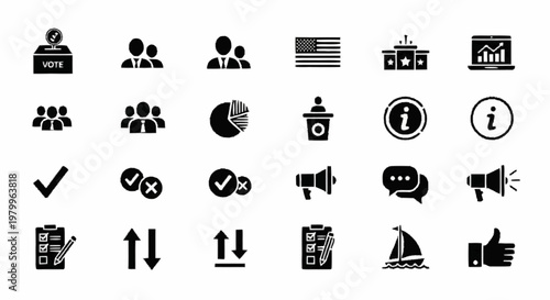 Collection of 24 black flat icons on white background featuring political election and business elements including voting boxes, American flag, podiums, megaphones, charts, and candidate symbols.