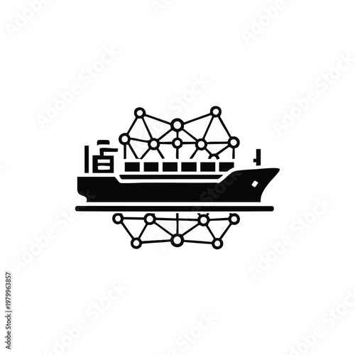 Container ship, cargo vessel, logistics icon, transportation symbol, black line art