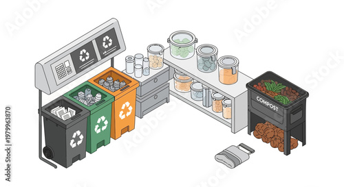 Isometric illustration of a recycling station with bins for paper, plastic, and aluminum next to shelves of reusable jars in a bright, organized space, rendered with a clean and informative