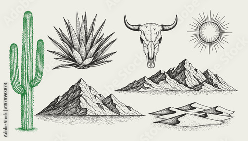 Hand-drawn desert elements collection with cactus, agave, bull skull, mountains, sand dunes, and sun in a retro black and white engraving sketch style