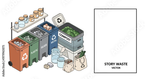 Isometric vector illustration of a waste management system with separate bins for recycling paper, glass, plastic, metal, and compost, along with reusable containers, set against a clean