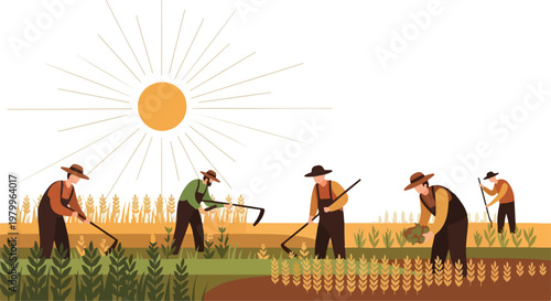 Farmers working in a sunny field with crops and farm tools, rural landscape scene