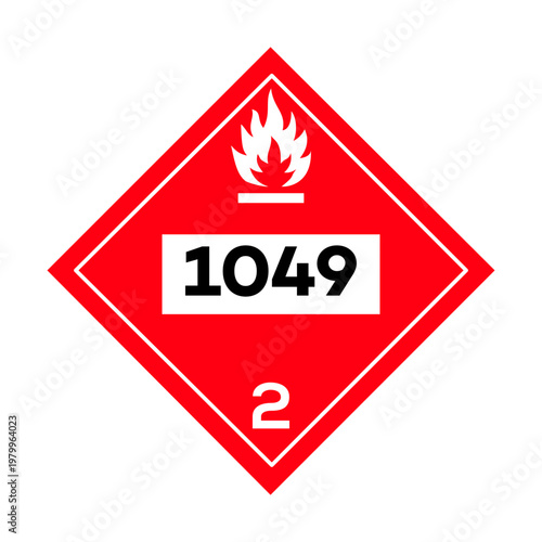 Flammable gas UN 1049 hazard placard for compressed hydrogen. 