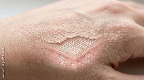 Dry skin skin layer dehydration peeling hand close up macro dryness skincare, Conceptual close up of dry hand skin showing peeling surface and skin layer illustration with moisture loss