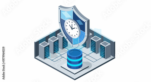 Isometric Cyber Security Concept with Shield and Clock Protecting Data Center Servers and Database
