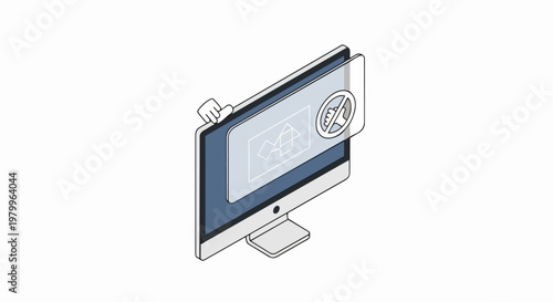 Isometric Desktop Computer with Restricted Content and No Click Icon - Online Security and Privacy Concept