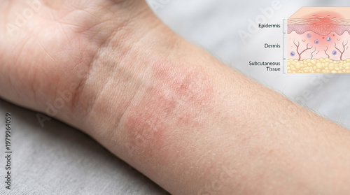 Skin rash wrist dermatitis eczema allergy redness irritation inflamed itchy skin care, closeup photo of red irritated patch human wrist with medical skin layer diagram showing epidermis dermis