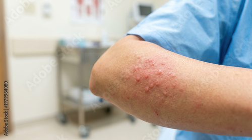 Skin rash elbow arm dermatitis eczema allergy irritation red inflammation closeup patient elbow with skin rash and dermatitis clinic, red inflamed irritated skin bumps causing discomfort