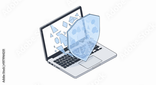 Isometric Laptop with Protective Shield Deflecting Cyber Attack, Digital Security and Data Privacy Concept