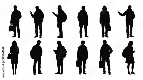 A collection of twelve black silhouettes depicting diverse individuals engaged in everyday activities such as walking and using phones high quality