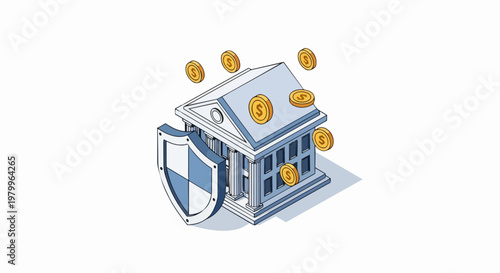 Secure Banking and Asset Protection Isometric Illustration with Bank Building, Shield, and Gold Coins