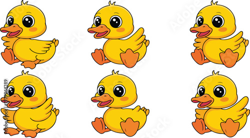 Photos Set of cute ducklings in different poses with big eyes in simple children flat s