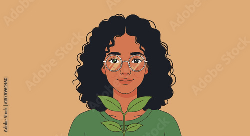 Woman with eyeglasses holding a plant illustration environmental care concept