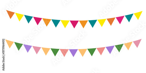Colorful pennant bunting flags with confetti on transparent background, festive carnival decoration illustration. Vibrant celebration banner perfect for party, festival, birthday, and holiday design.