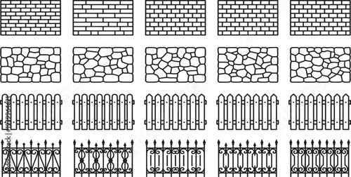 A comprehensive collection of architectural elements featuring various brickwork patterns, stone walls, and stylish fencing designs, perfect for a wide array of design applications.