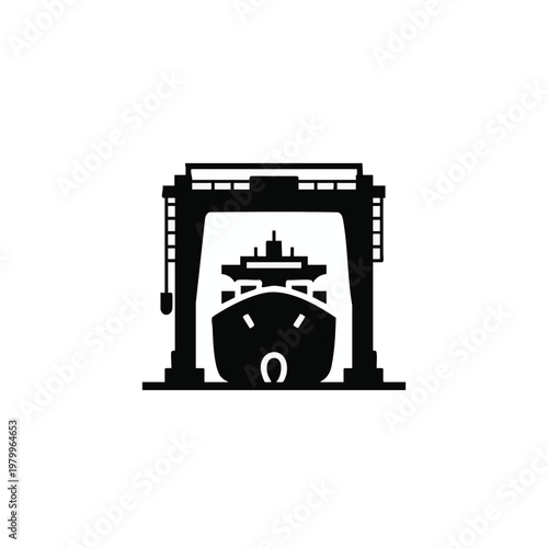Ship, cargo ship, vessel, boat, harbor, dock, silhouette, black, icon, vector