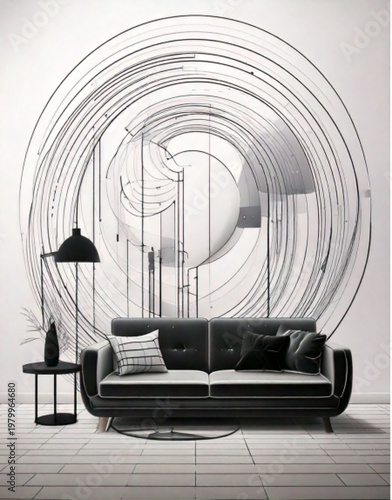 Modern Sofa with Abstract Art Installation Above.